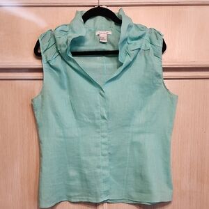 Richard Malcolm Women's Linen Sleeveless Ruffle-Shoulder Blouse Seafoam  SZ L